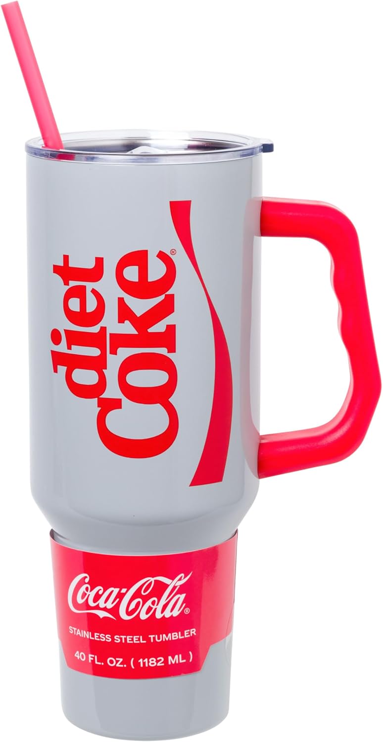 Coca-Cola Diet Coke Vertical, Stainless Steel Tumbler, 40oz | Ribbon, Includes Handle, Double Walled, Straw, Fits in Cup Holder, 1.18 Liters