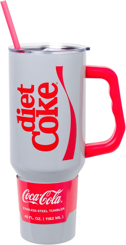Coca-Cola Diet Coke Vertical, Stainless Steel Tumbler, 40oz | Ribbon, Includes Handle, Double Walled, Straw, Fits in Cup Holder, 1.18 Liters