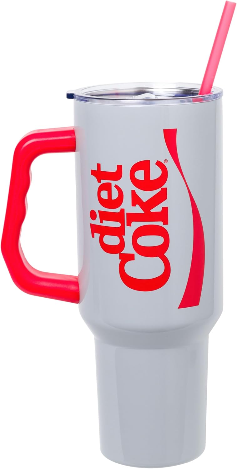 Coca-Cola Diet Coke Vertical, Stainless Steel Tumbler, 40oz | Ribbon, Includes Handle, Double Walled, Straw, Fits in Cup Holder, 1.18 Liters