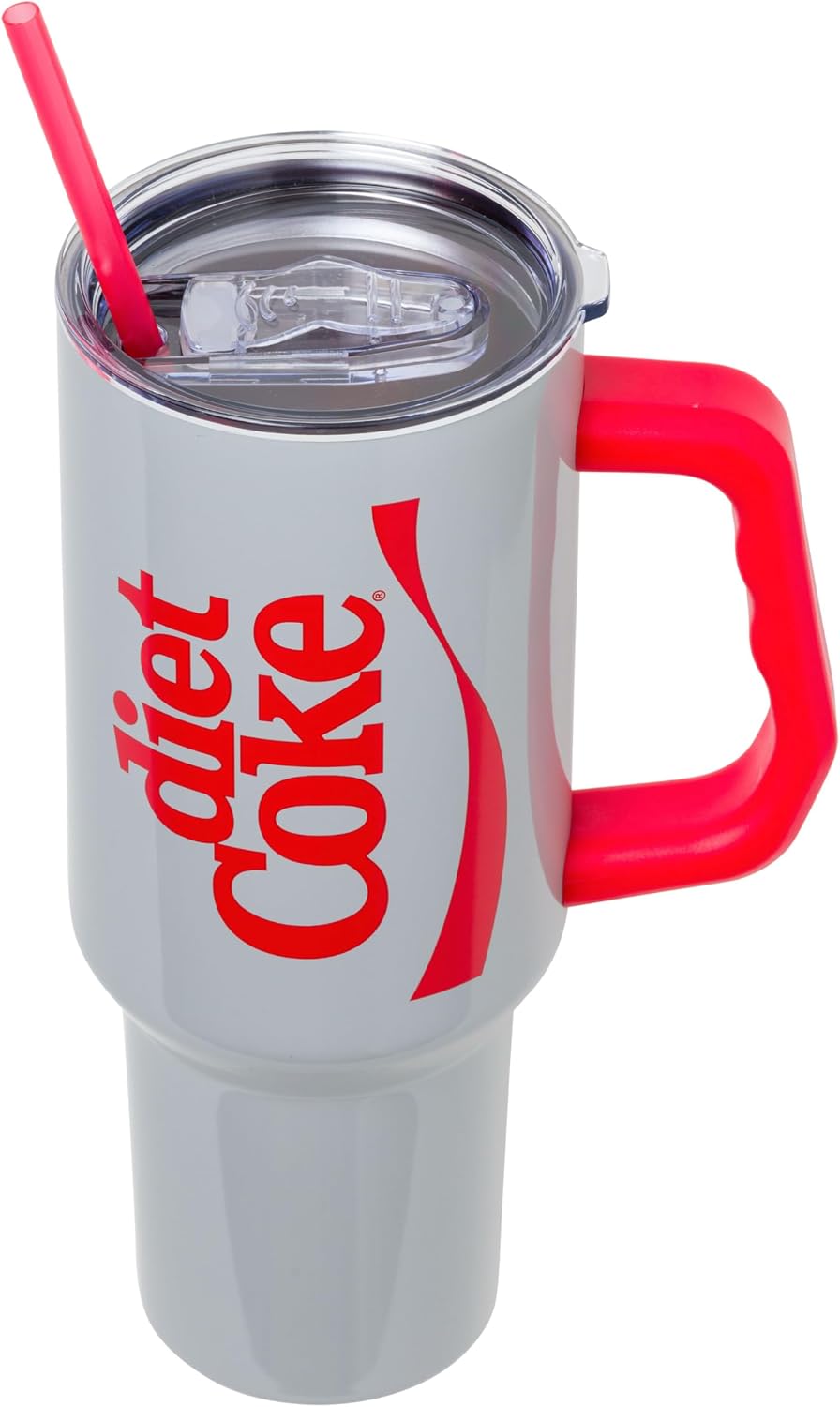 Coca-Cola Diet Coke Vertical, Stainless Steel Tumbler, 40oz | Ribbon, Includes Handle, Double Walled, Straw, Fits in Cup Holder, 1.18 Liters