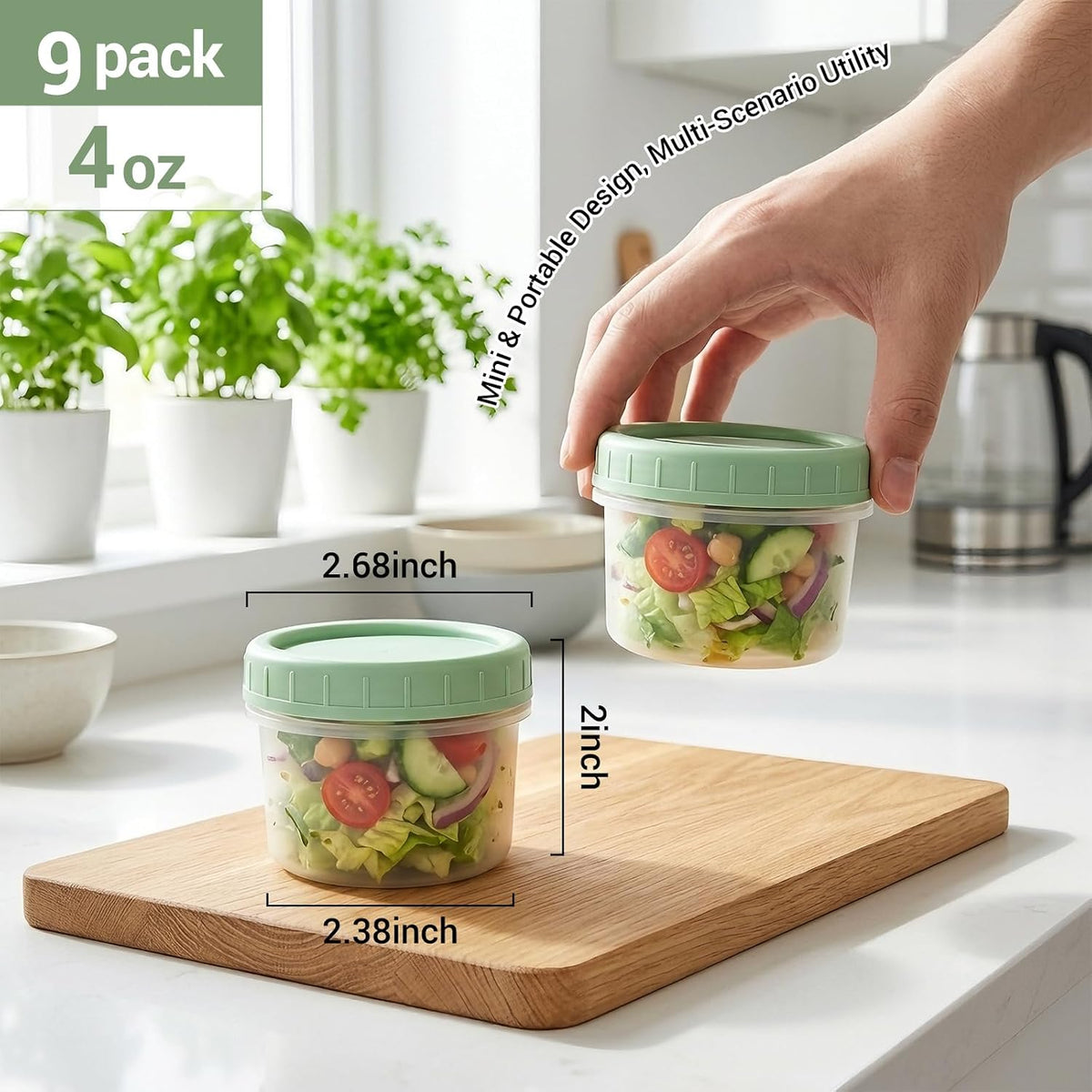 9 Pack 5.4 oz Food Storage Containers with Twist Lids, BPA-Free Plastic Portion Cups with Labels, Reusable Snack Containers for Sauces, Dips, Meal Prep, Microwave Dishwasher Freezer Safe