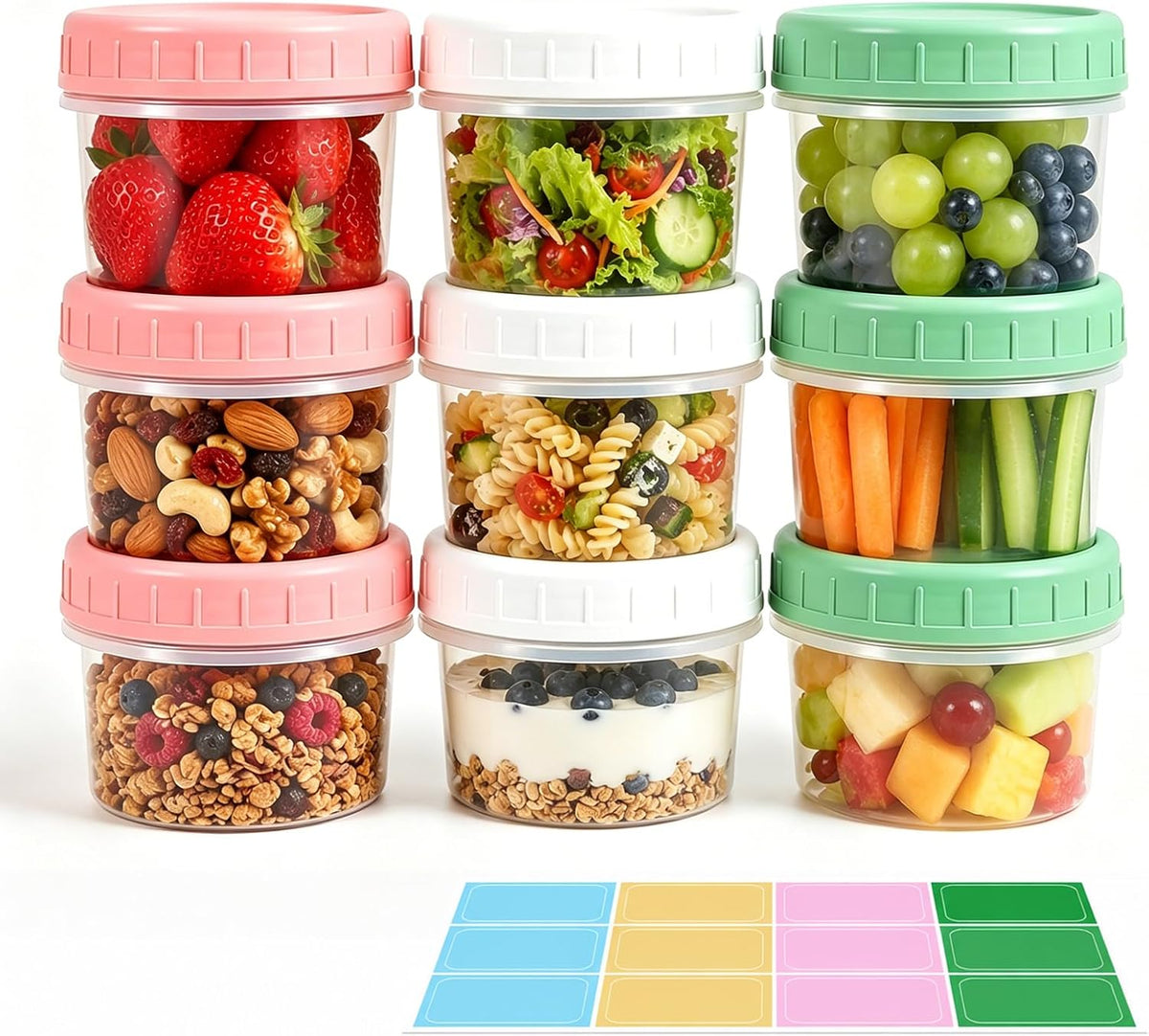 9 Pack 5.4 oz Food Storage Containers with Twist Lids, BPA-Free Plastic Portion Cups with Labels, Reusable Snack Containers for Sauces, Dips, Meal Prep, Microwave Dishwasher Freezer Safe
