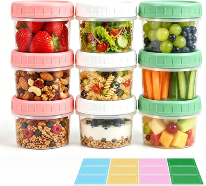 9 Pack 5.4 oz Food Storage Containers with Twist Lids, BPA-Free Plastic Portion Cups with Labels, Reusable Snack Containers for Sauces, Dips, Meal Prep, Microwave Dishwasher Freezer Safe