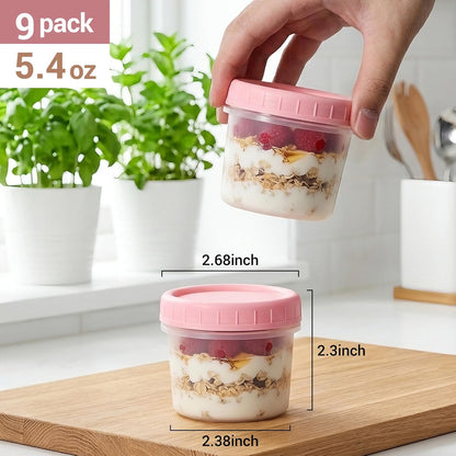 9 Pack 5.4 oz Food Storage Containers with Twist Lids, BPA-Free Plastic Portion Cups with Labels, Reusable Snack Containers for Sauces, Dips, Meal Prep, Microwave Dishwasher Freezer Safe