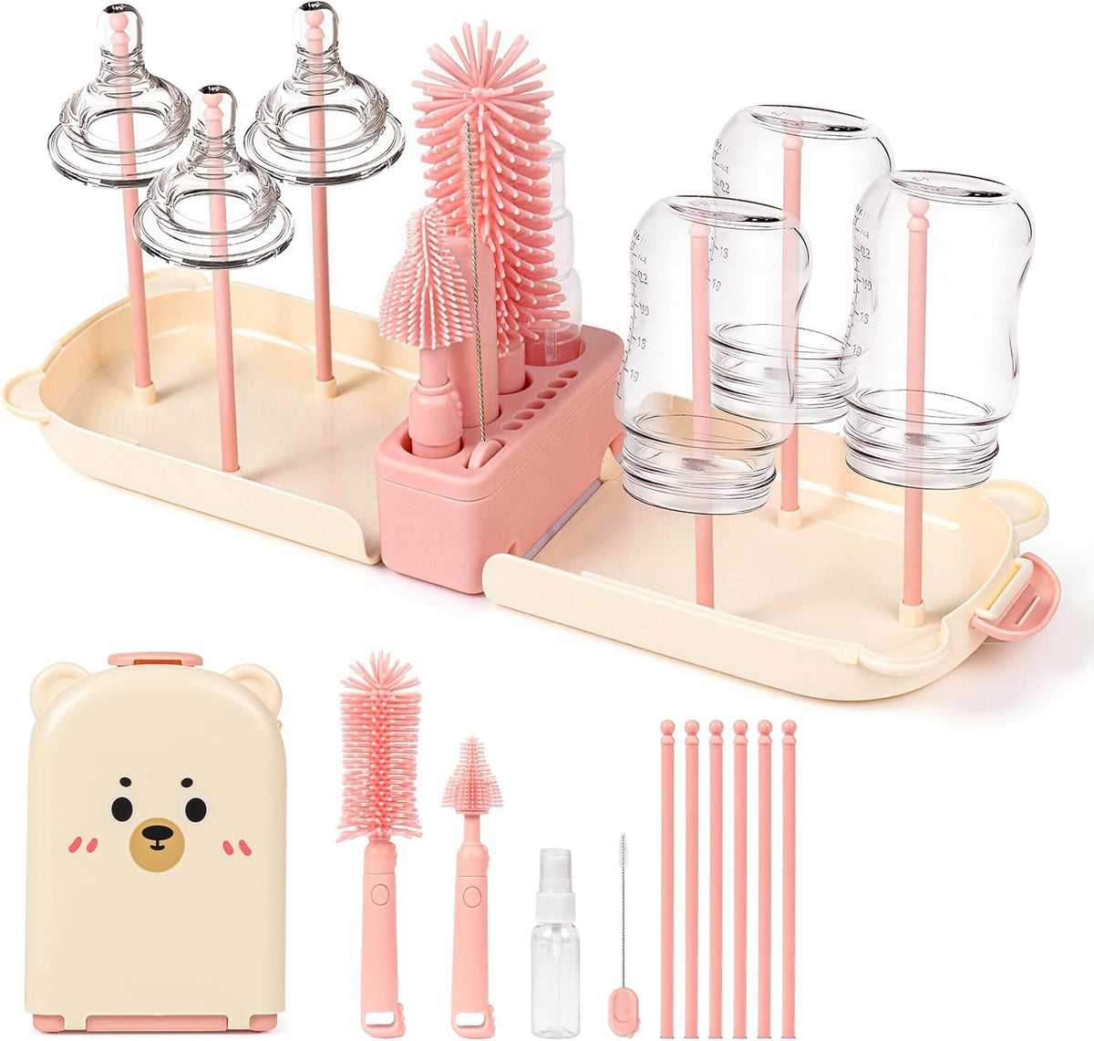 Baby Bottle Brush Kit, 6-in-1 Portable Silicone Set with Drying Stand