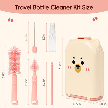 Baby Bottle Brush Kit, 6-in-1 Portable Silicone Set with Drying Stand