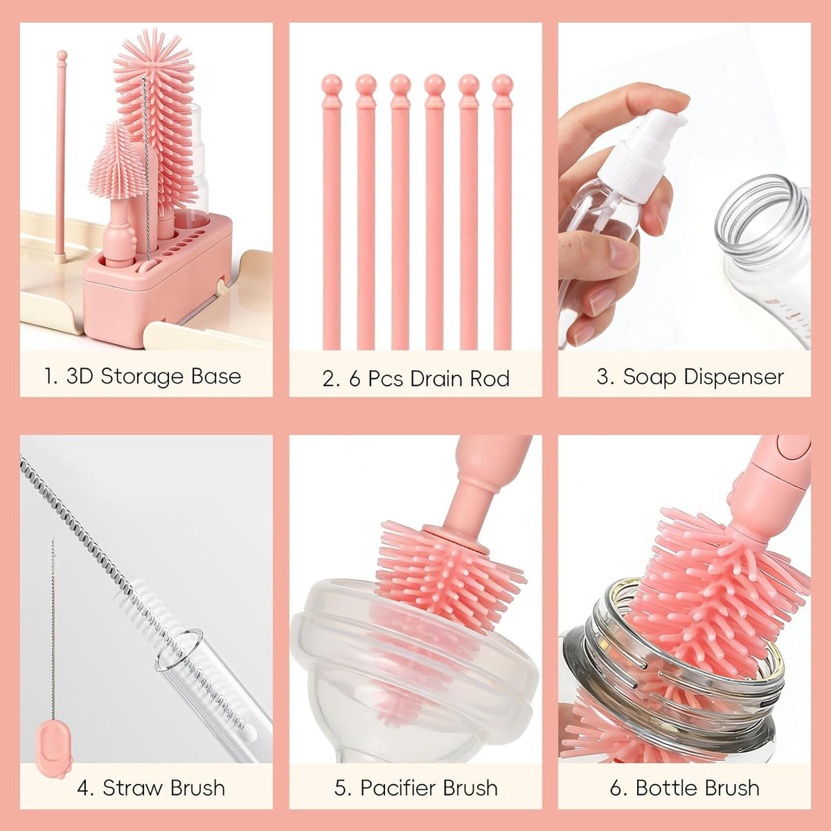 Baby Bottle Brush Kit, 6-in-1 Portable Silicone Set with Drying Stand