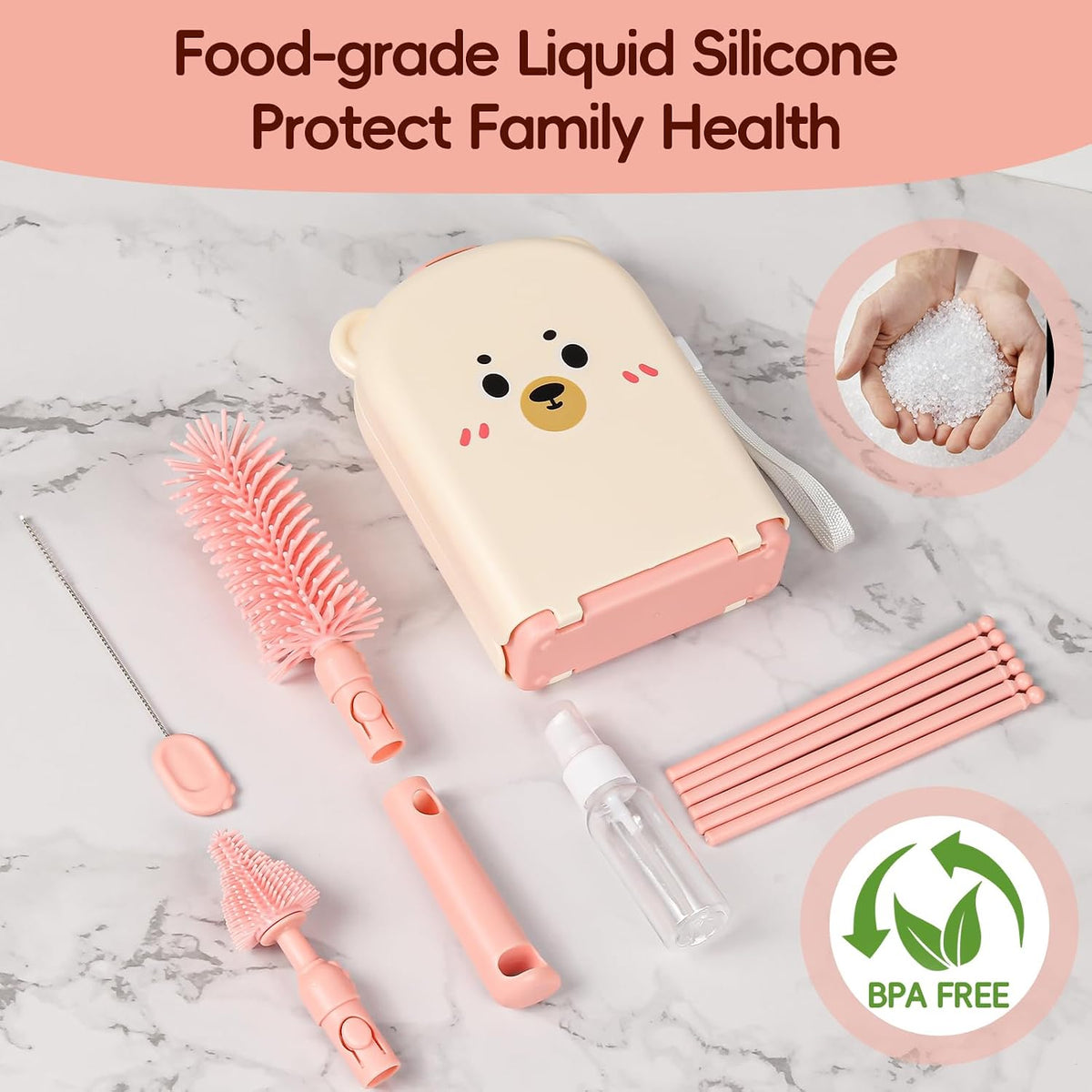 Baby Bottle Brush Kit, 6-in-1 Portable Silicone Set with Drying Stand