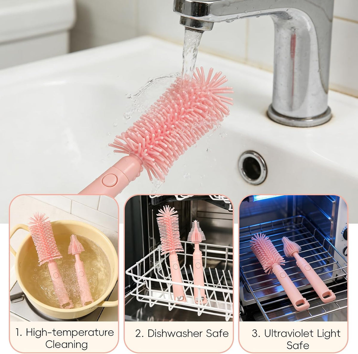 Baby Bottle Brush Kit, 6-in-1 Portable Silicone Set with Drying Stand