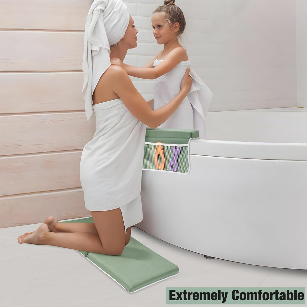 Baby Bath Kneeler & Elbow Rest Pad, Comfortable Non-Slip Kneeling Mat Cushion with Toy Organizer Storage Pockets, Foldable Foam Mat for Toddler Bathroom Bathing Time (Grey)