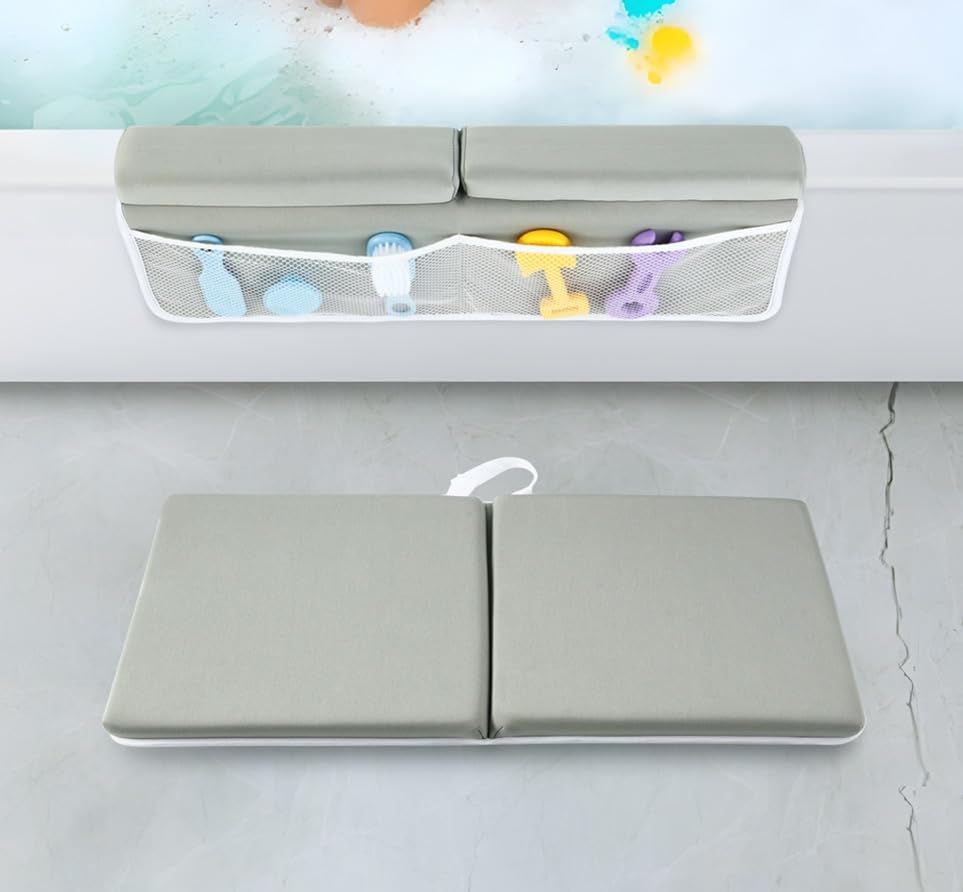 Baby Bath Kneeler & Elbow Rest Pad, Comfortable Non-Slip Kneeling Mat Cushion with Toy Organizer Storage Pockets, Foldable Foam Mat for Toddler Bathroom Bathing Time (Grey)