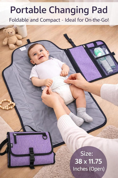 Baby Portable Water Resistant Diaper Changing Pad & Diaper Changing Kit Travel Bag Baby Station On The Go, Purple Chambray