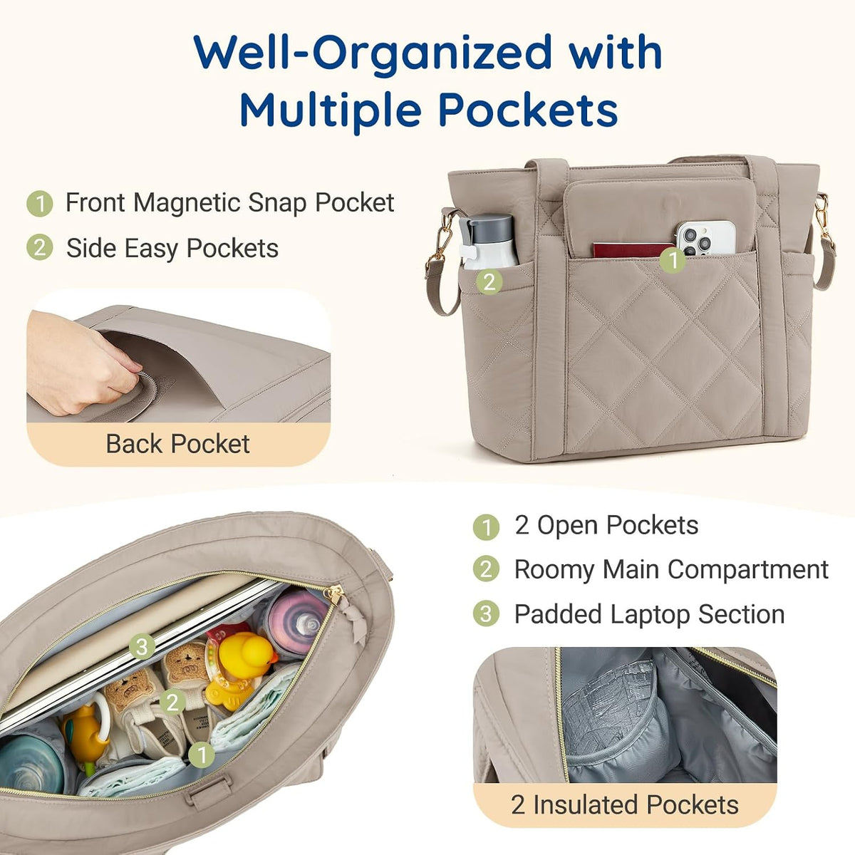 Diaper Bag Tote Small Baby Bag with Insulated Pockets, Lightweight Mommy Tote with Stroller Straps, Nurse Gym Travel