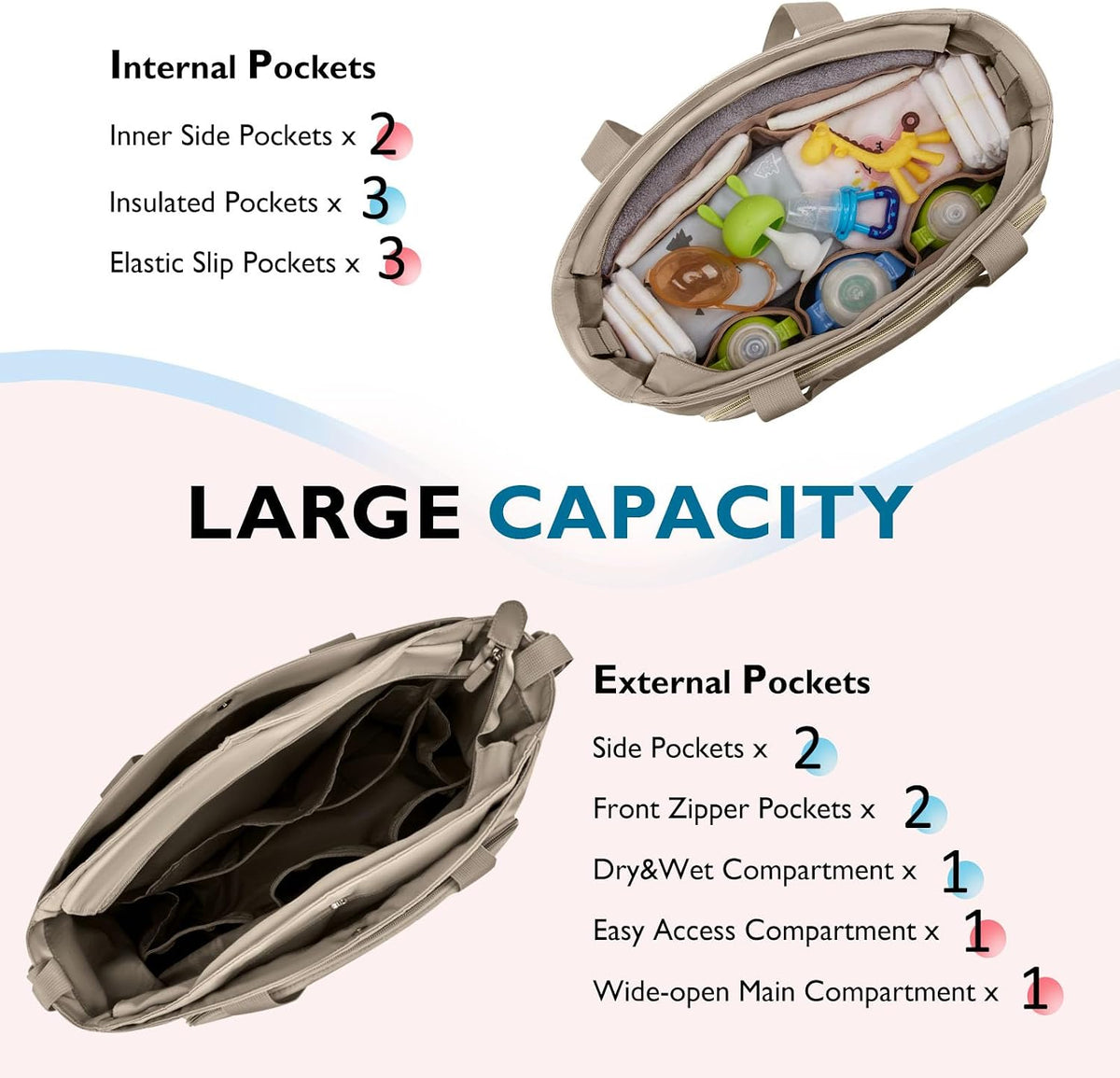 Diaper Bag Tote Small Baby Bag with Insulated Pockets, Lightweight Mommy Tote with Stroller Straps, Nurse Gym Travel