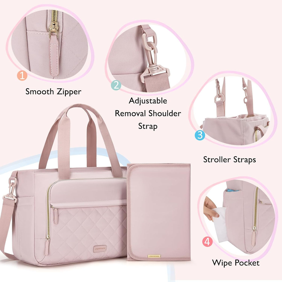 Diaper Bag Tote Small Baby Bag with Insulated Pockets, Lightweight Mommy Tote with Stroller Straps, Nurse Gym Travel