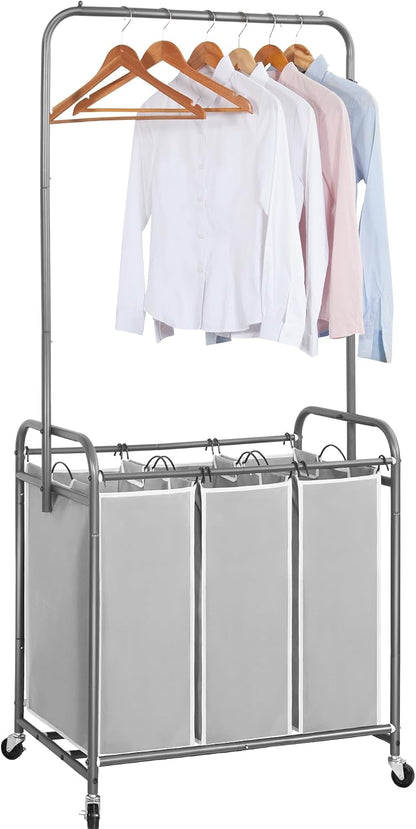 136L Laundry Sorter with Hanging Bar, Portable, Removable Laundry Hamper Cart with Heavy Duty Rolling Lockable Wheels and Removable Bags, Rolling Laundry Basket Organizer, 3 Section