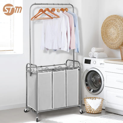 136L Laundry Sorter with Hanging Bar, Portable, Removable Laundry Hamper Cart with Heavy Duty Rolling Lockable Wheels and Removable Bags, Rolling Laundry Basket Organizer, 3 Section