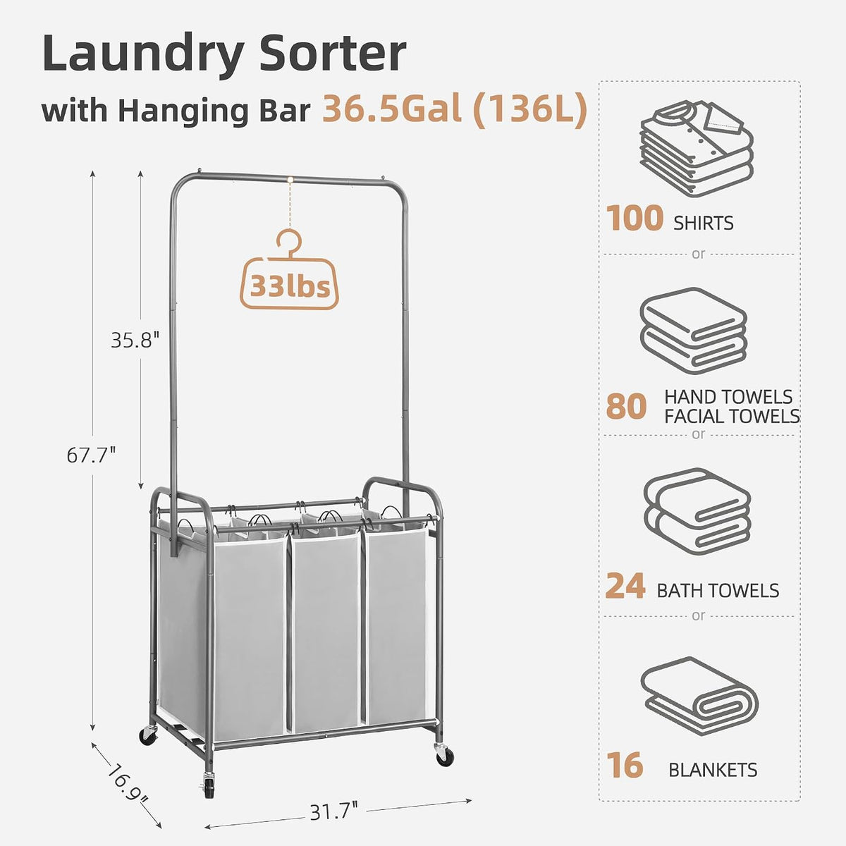 136L Laundry Sorter with Hanging Bar, Portable, Removable Laundry Hamper Cart with Heavy Duty Rolling Lockable Wheels and Removable Bags, Rolling Laundry Basket Organizer, 3 Section