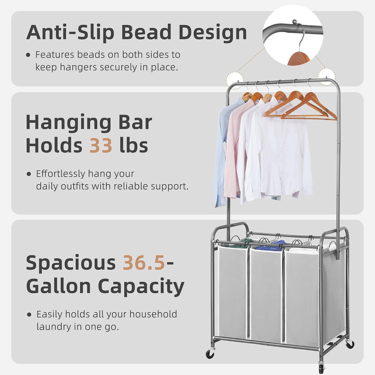 136L Laundry Sorter with Hanging Bar, Portable, Removable Laundry Hamper Cart with Heavy Duty Rolling Lockable Wheels and Removable Bags, Rolling Laundry Basket Organizer, 3 Section