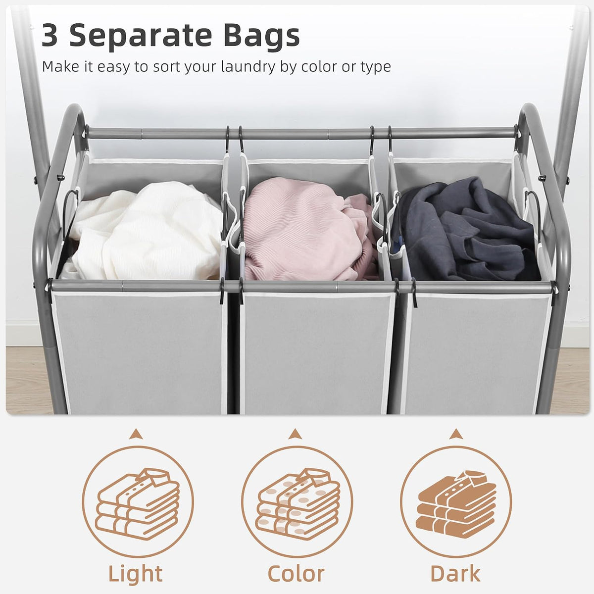 136L Laundry Sorter with Hanging Bar, Portable, Removable Laundry Hamper Cart with Heavy Duty Rolling Lockable Wheels and Removable Bags, Rolling Laundry Basket Organizer, 3 Section