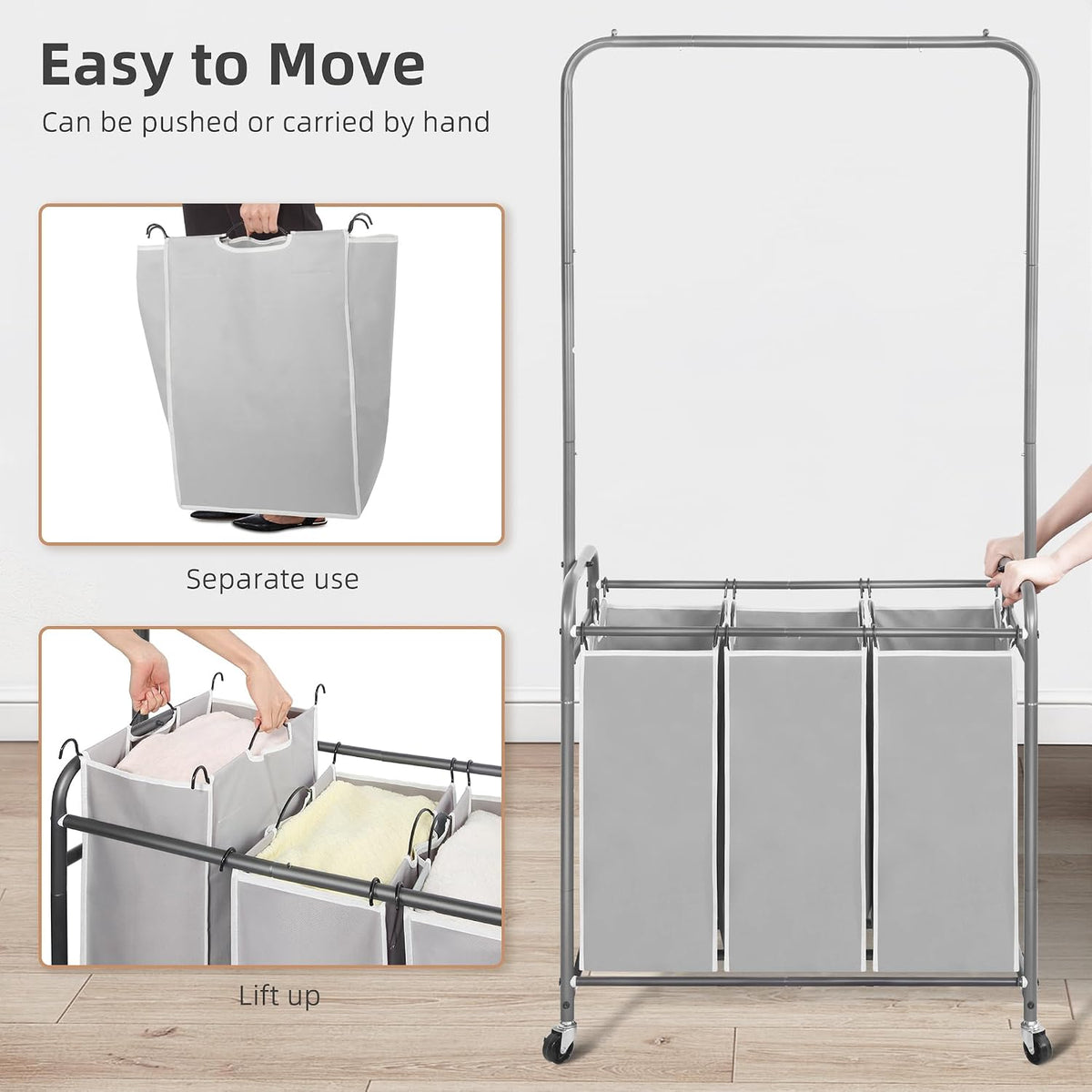 136L Laundry Sorter with Hanging Bar, Portable, Removable Laundry Hamper Cart with Heavy Duty Rolling Lockable Wheels and Removable Bags, Rolling Laundry Basket Organizer, 3 Section