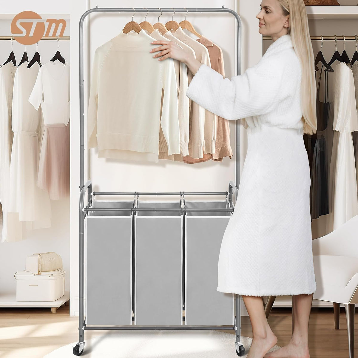 136L Laundry Sorter with Hanging Bar, Portable, Removable Laundry Hamper Cart with Heavy Duty Rolling Lockable Wheels and Removable Bags, Rolling Laundry Basket Organizer, 3 Section
