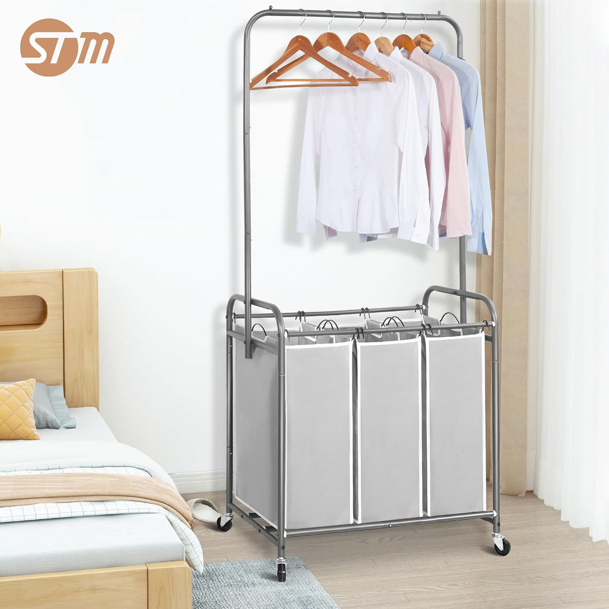 136L Laundry Sorter with Hanging Bar, Portable, Removable Laundry Hamper Cart with Heavy Duty Rolling Lockable Wheels and Removable Bags, Rolling Laundry Basket Organizer, 3 Section