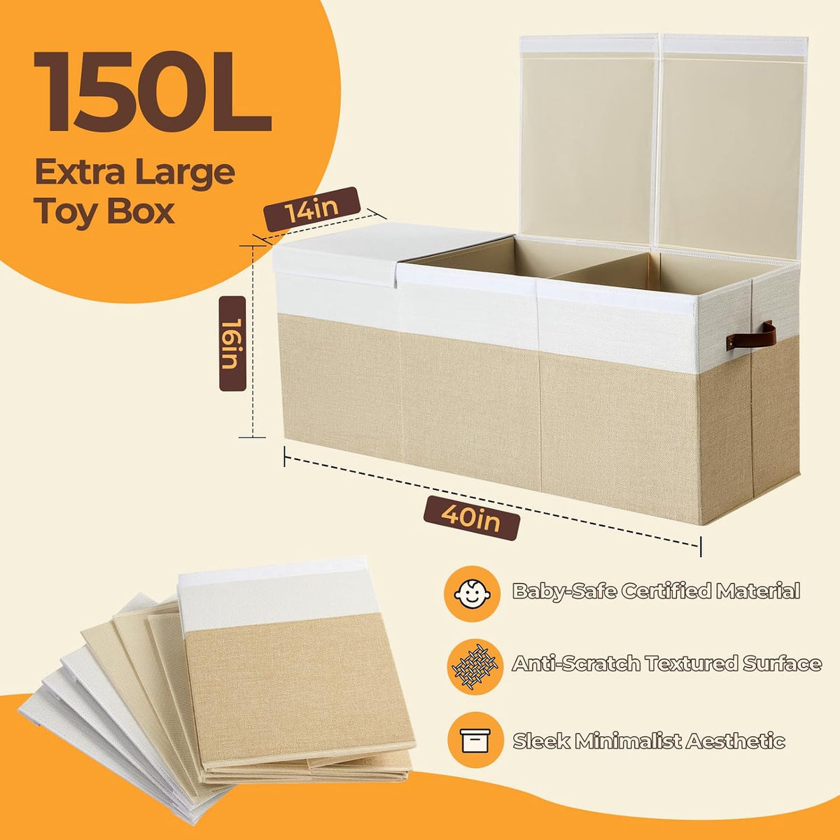 Extra Large Toy Box with Lid,Collapsible Toy Storage Chest,Beige