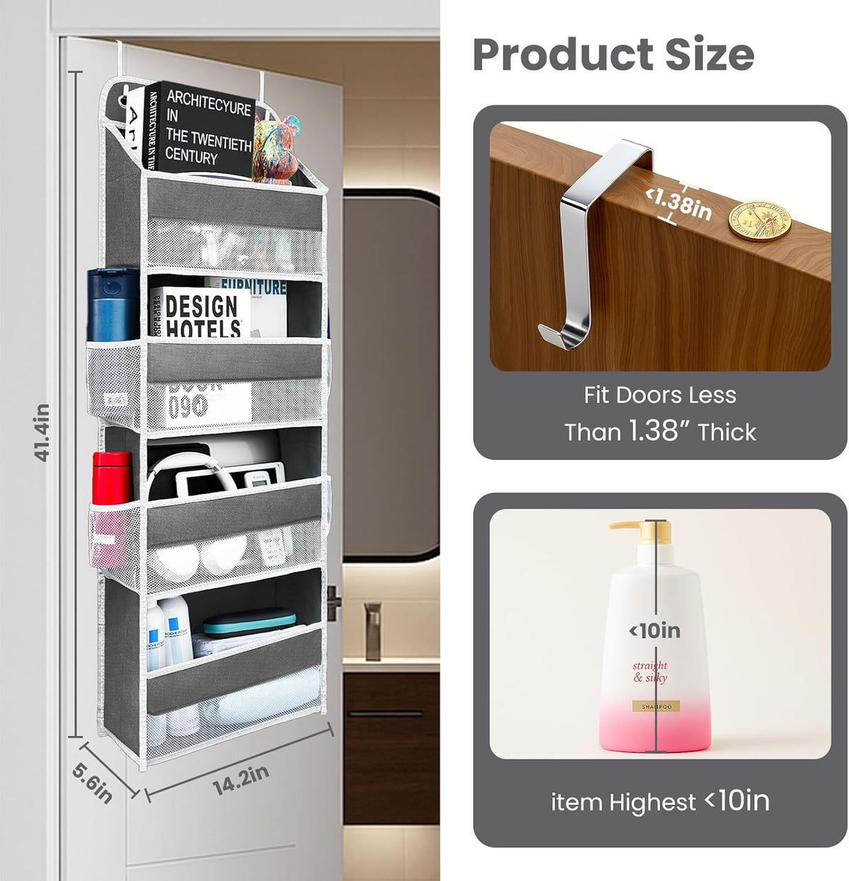 Space Saving Over The Door Organizer,5 Shelves & 8 Side Pockets,Anti Tilt Hanging Behind Door Storage,Heavy-Duty Reinforced Mesh Rack Holds 44lb for Bathroom,Pantry, Nursery,Closet, Shoes, Towels