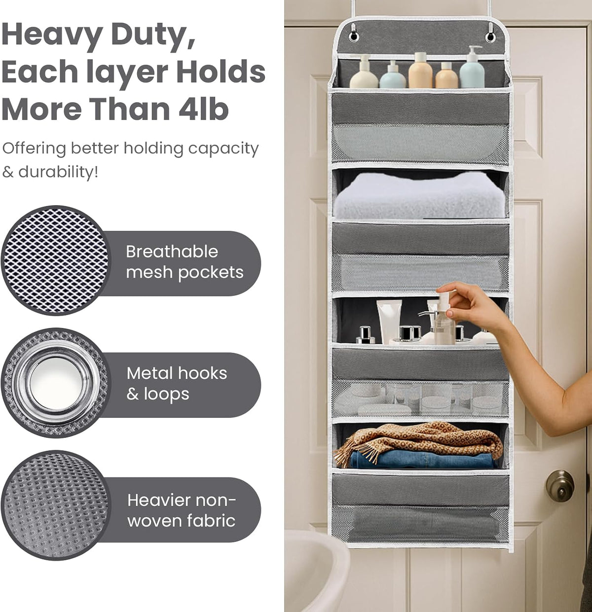 Space Saving Over The Door Organizer,5 Shelves & 8 Side Pockets,Anti Tilt Hanging Behind Door Storage,Heavy-Duty Reinforced Mesh Rack Holds 44lb for Bathroom,Pantry, Nursery,Closet, Shoes, Towels