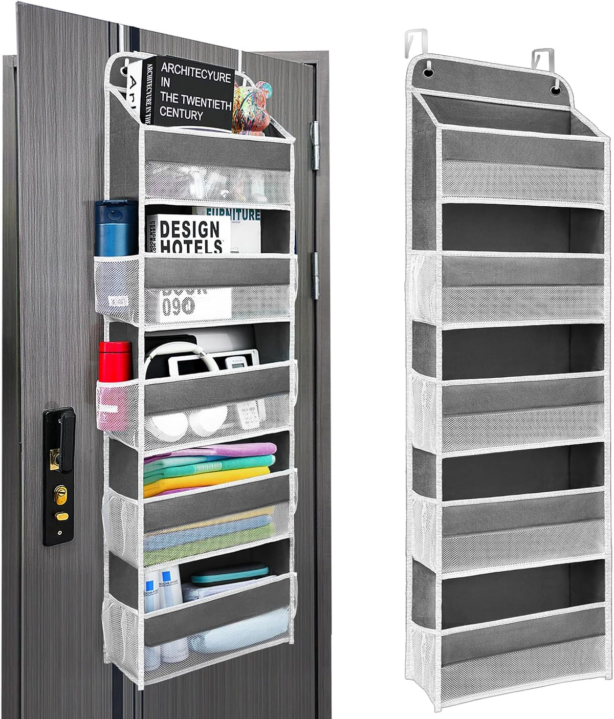 Space Saving Over The Door Organizer,5 Shelves & 8 Side Pockets,Anti Tilt Hanging Behind Door Storage,Heavy-Duty Reinforced Mesh Rack Holds 44lb for Bathroom,Pantry, Nursery,Closet, Shoes, Towels