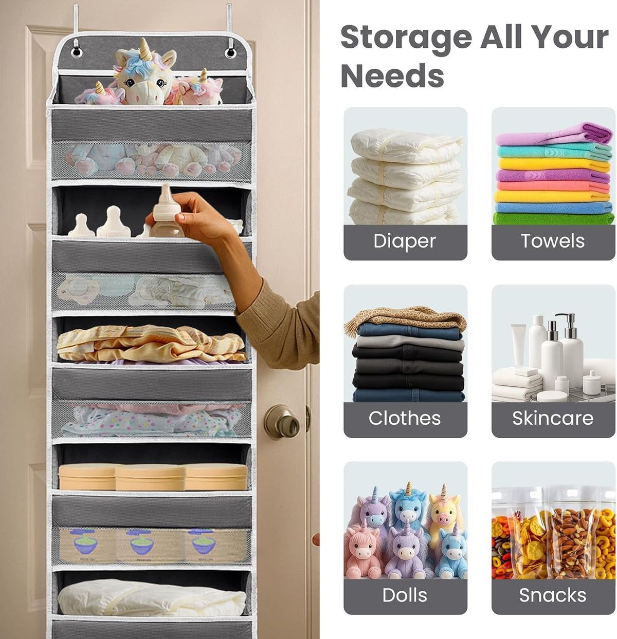 Space Saving Over The Door Organizer,5 Shelves & 8 Side Pockets,Anti Tilt Hanging Behind Door Storage,Heavy-Duty Reinforced Mesh Rack Holds 44lb for Bathroom,Pantry, Nursery,Closet, Shoes, Towels