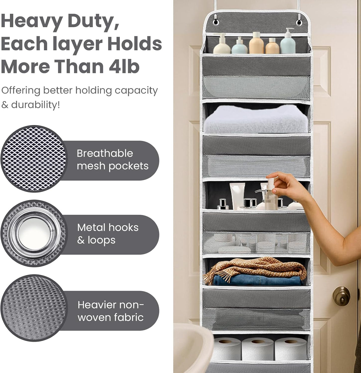 Space Saving Over The Door Organizer,5 Shelves & 8 Side Pockets,Anti Tilt Hanging Behind Door Storage,Heavy-Duty Reinforced Mesh Rack Holds 44lb for Bathroom,Pantry, Nursery,Closet, Shoes, Towels