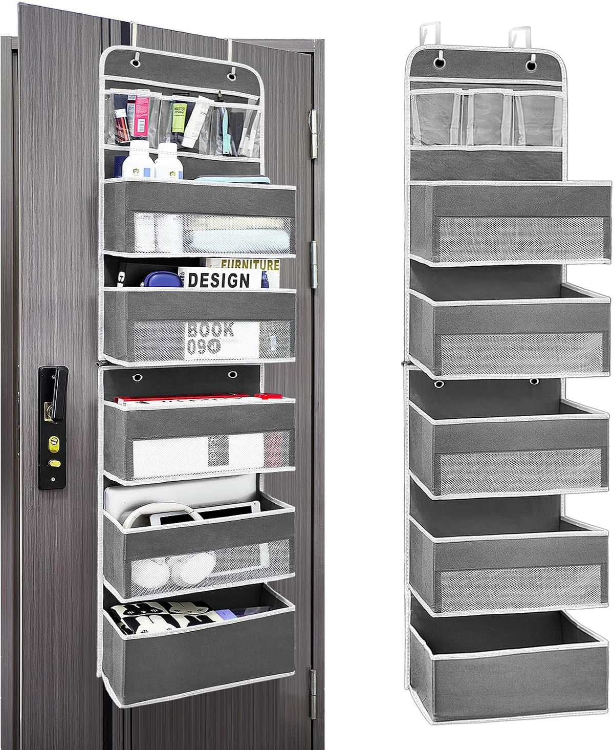 Space Saving Over The Door Organizer,5 Shelves & 8 Side Pockets,Anti Tilt Hanging Behind Door Storage,Heavy-Duty Reinforced Mesh Rack Holds 44lb for Bathroom,Pantry, Nursery,Closet, Shoes, Towels