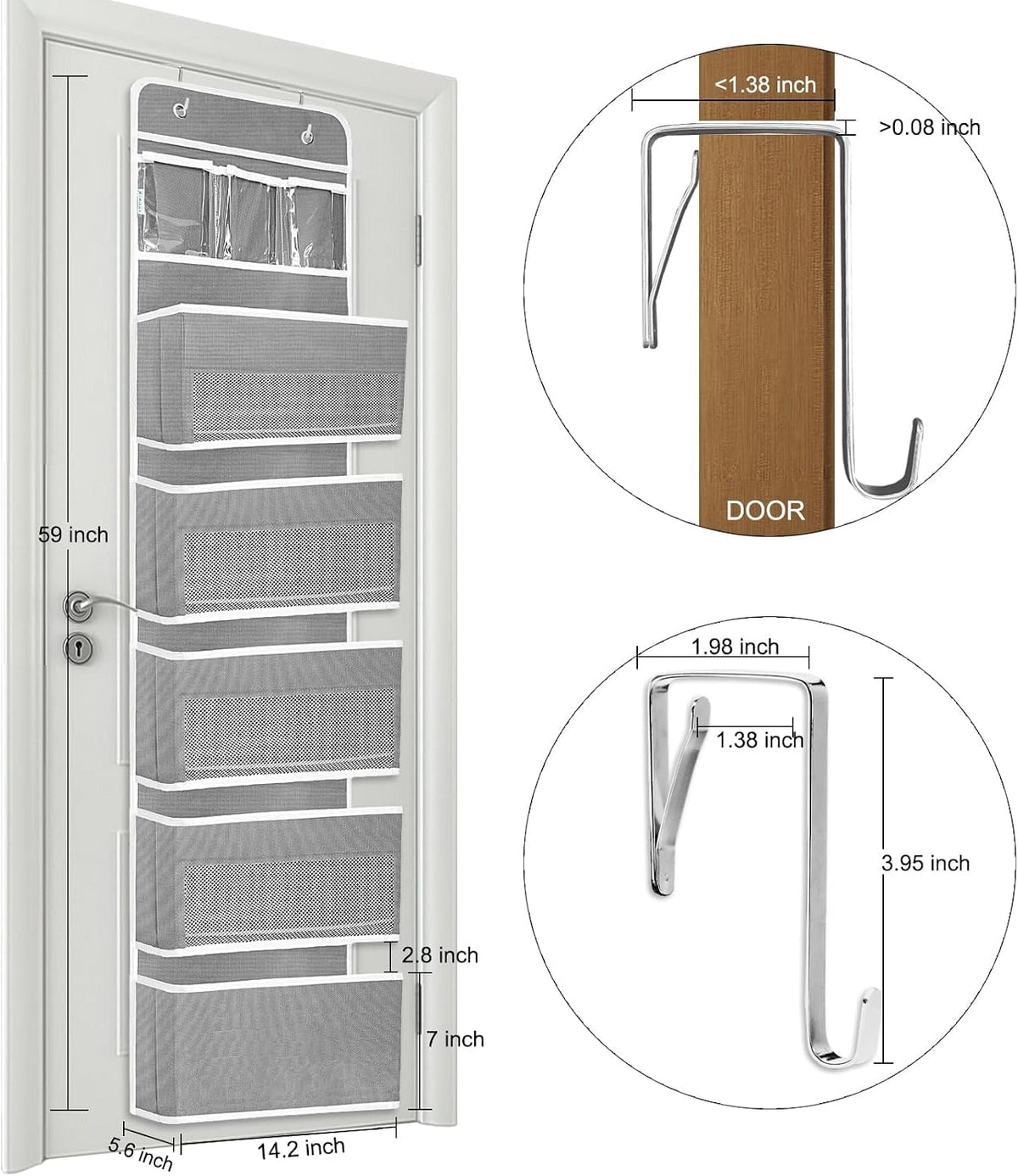 Space Saving Over The Door Organizer,5 Shelves & 8 Side Pockets,Anti Tilt Hanging Behind Door Storage,Heavy-Duty Reinforced Mesh Rack Holds 44lb for Bathroom,Pantry, Nursery,Closet, Shoes, Towels