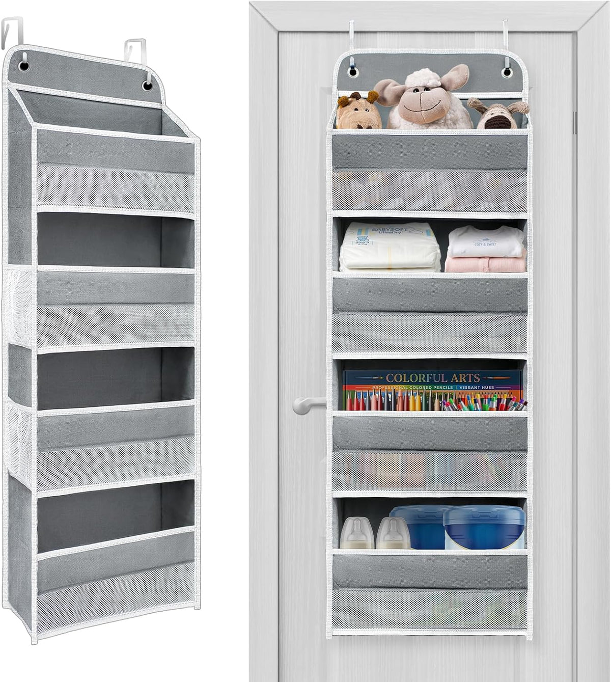 Space Saving Over The Door Organizer,5 Shelves & 8 Side Pockets,Anti Tilt Hanging Behind Door Storage,Heavy-Duty Reinforced Mesh Rack Holds 44lb for Bathroom,Pantry, Nursery,Closet, Shoes, Towels