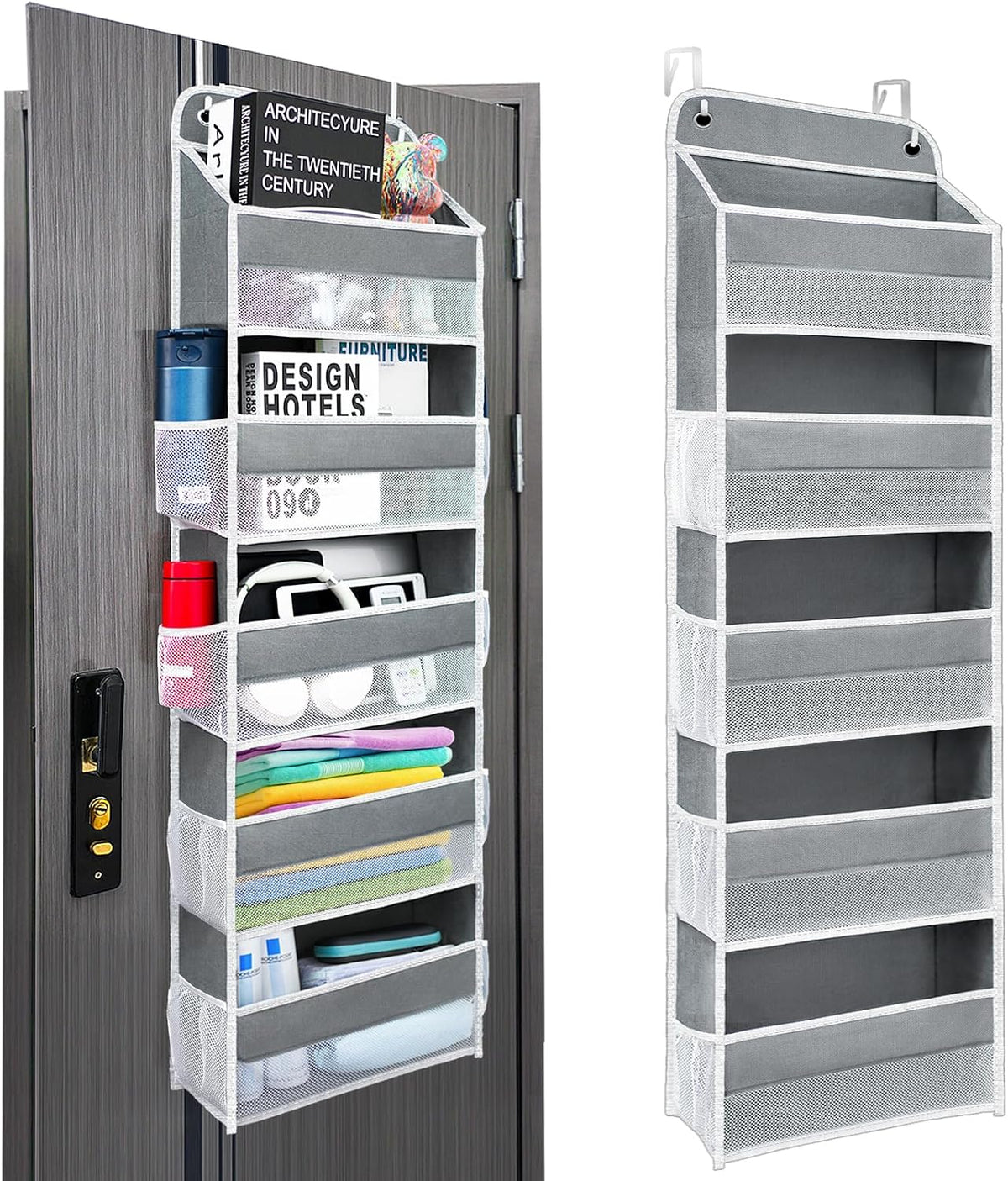Space Saving Over The Door Organizer,5 Shelves & 8 Side Pockets,Anti Tilt Hanging Behind Door Storage,Heavy-Duty Reinforced Mesh Rack Holds 44lb for Bathroom,Pantry, Nursery,Closet, Shoes, Towels