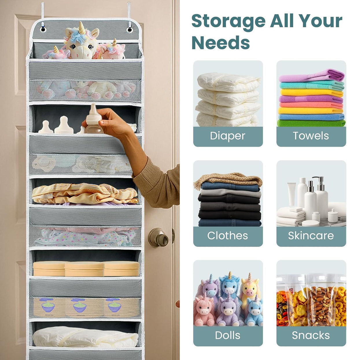 Space Saving Over The Door Organizer,5 Shelves & 8 Side Pockets,Anti Tilt Hanging Behind Door Storage,Heavy-Duty Reinforced Mesh Rack Holds 44lb for Bathroom,Pantry, Nursery,Closet, Shoes, Towels
