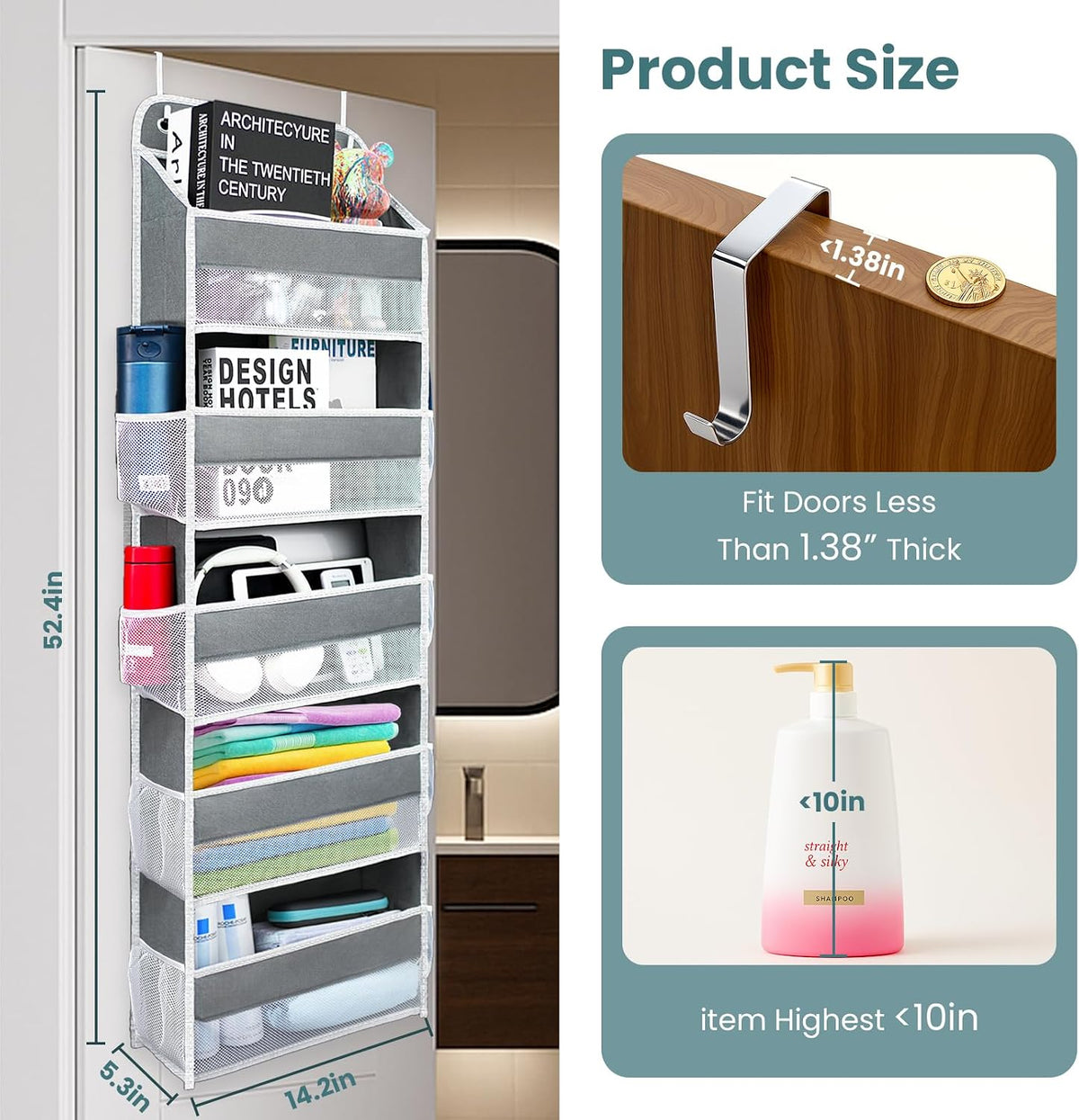 Space Saving Over The Door Organizer,5 Shelves & 8 Side Pockets,Anti Tilt Hanging Behind Door Storage,Heavy-Duty Reinforced Mesh Rack Holds 44lb for Bathroom,Pantry, Nursery,Closet, Shoes, Towels