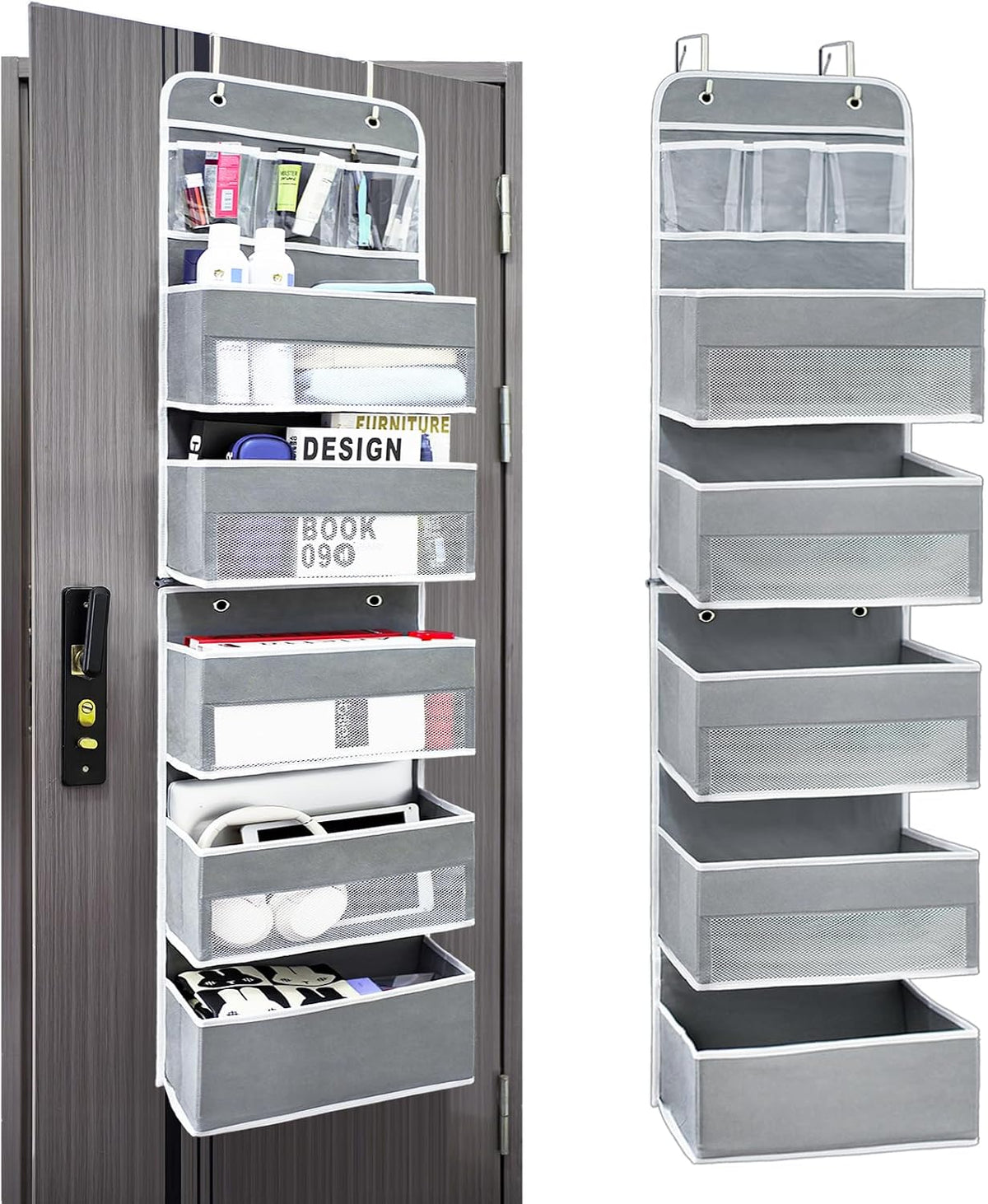 Space Saving Over The Door Organizer,5 Shelves & 8 Side Pockets,Anti Tilt Hanging Behind Door Storage,Heavy-Duty Reinforced Mesh Rack Holds 44lb for Bathroom,Pantry, Nursery,Closet, Shoes, Towels
