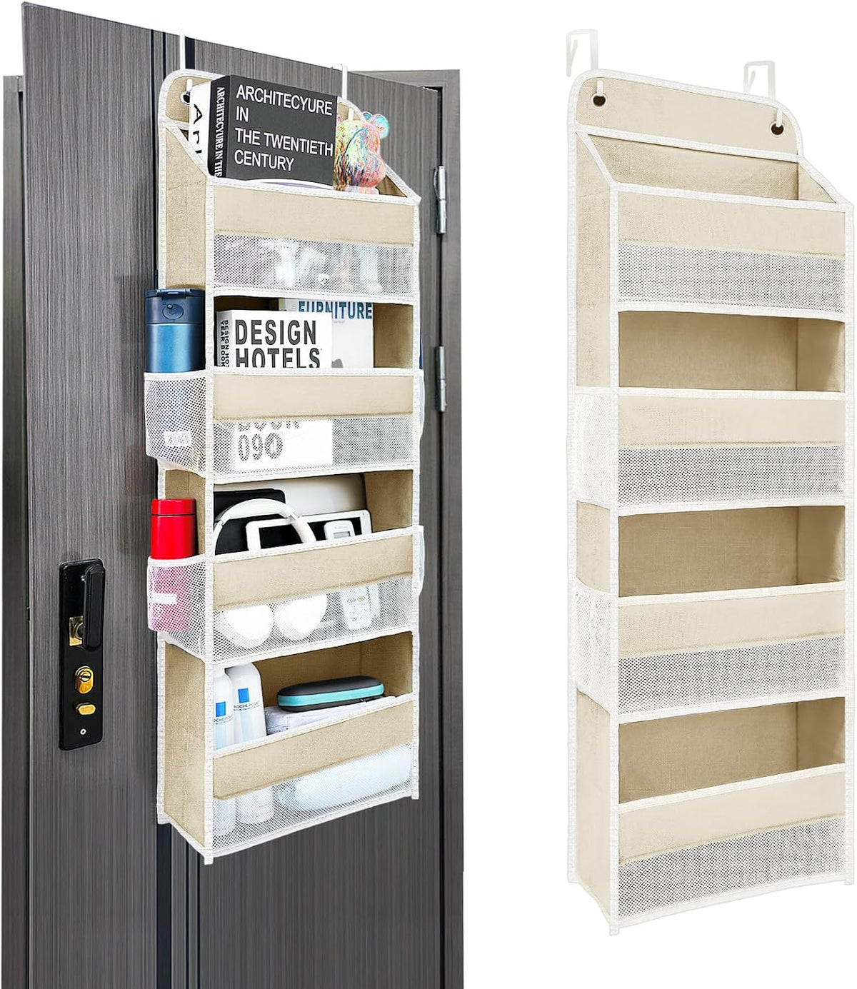 Space Saving Over The Door Organizer,5 Shelves & 8 Side Pockets,Anti Tilt Hanging Behind Door Storage,Heavy-Duty Reinforced Mesh Rack Holds 44lb for Bathroom,Pantry, Nursery,Closet, Shoes, Towels