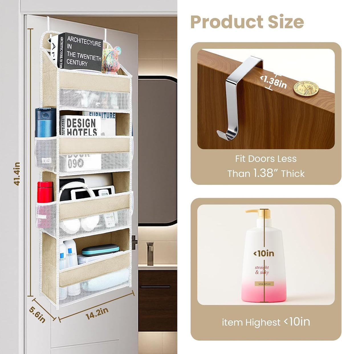 Space Saving Over The Door Organizer,5 Shelves & 8 Side Pockets,Anti Tilt Hanging Behind Door Storage,Heavy-Duty Reinforced Mesh Rack Holds 44lb for Bathroom,Pantry, Nursery,Closet, Shoes, Towels