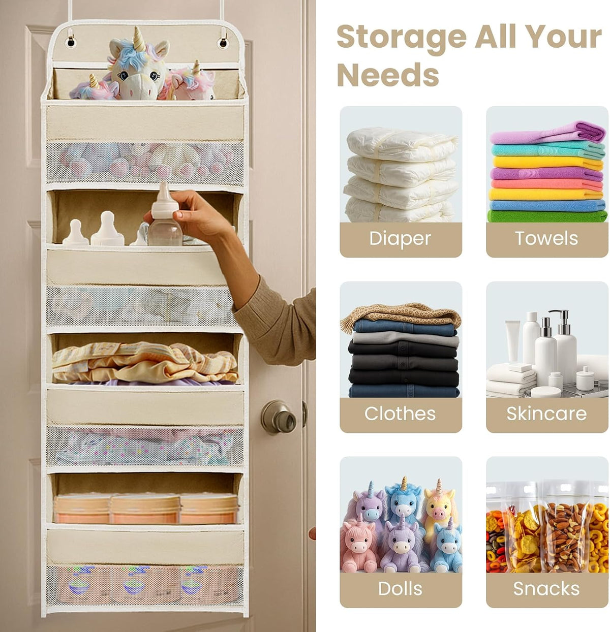Space Saving Over The Door Organizer,5 Shelves & 8 Side Pockets,Anti Tilt Hanging Behind Door Storage,Heavy-Duty Reinforced Mesh Rack Holds 44lb for Bathroom,Pantry, Nursery,Closet, Shoes, Towels