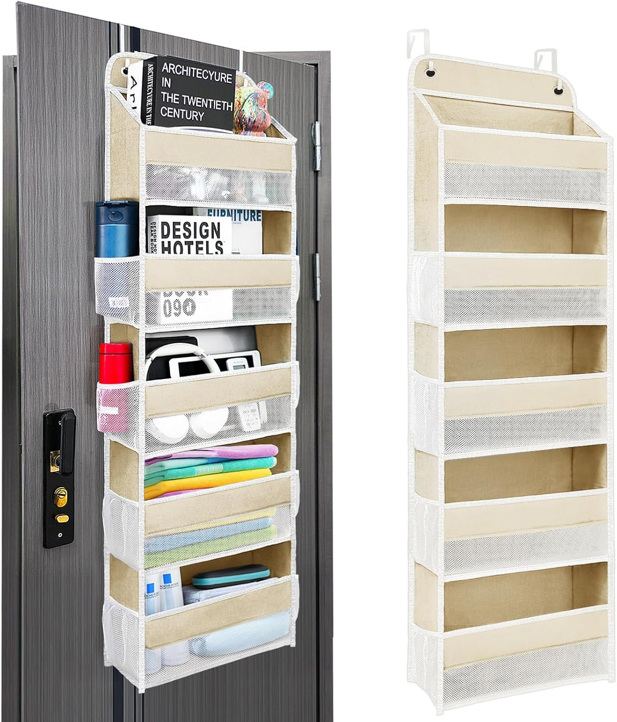 Space Saving Over The Door Organizer,5 Shelves & 8 Side Pockets,Anti Tilt Hanging Behind Door Storage,Heavy-Duty Reinforced Mesh Rack Holds 44lb for Bathroom,Pantry, Nursery,Closet, Shoes, Towels