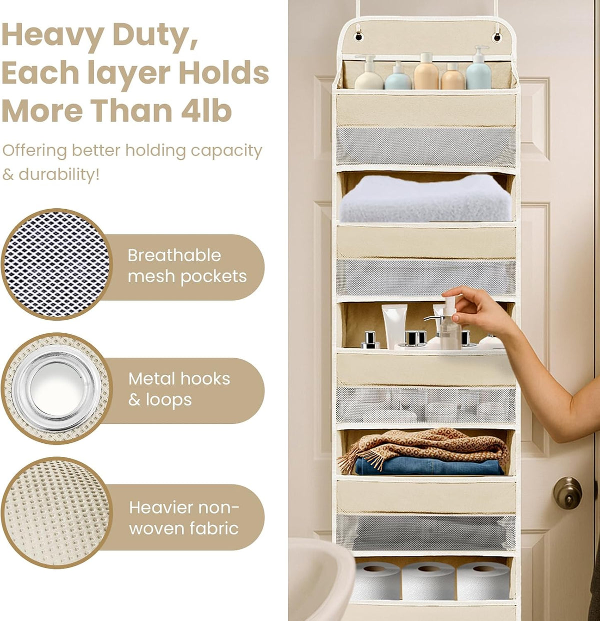 Space Saving Over The Door Organizer,5 Shelves & 8 Side Pockets,Anti Tilt Hanging Behind Door Storage,Heavy-Duty Reinforced Mesh Rack Holds 44lb for Bathroom,Pantry, Nursery,Closet, Shoes, Towels