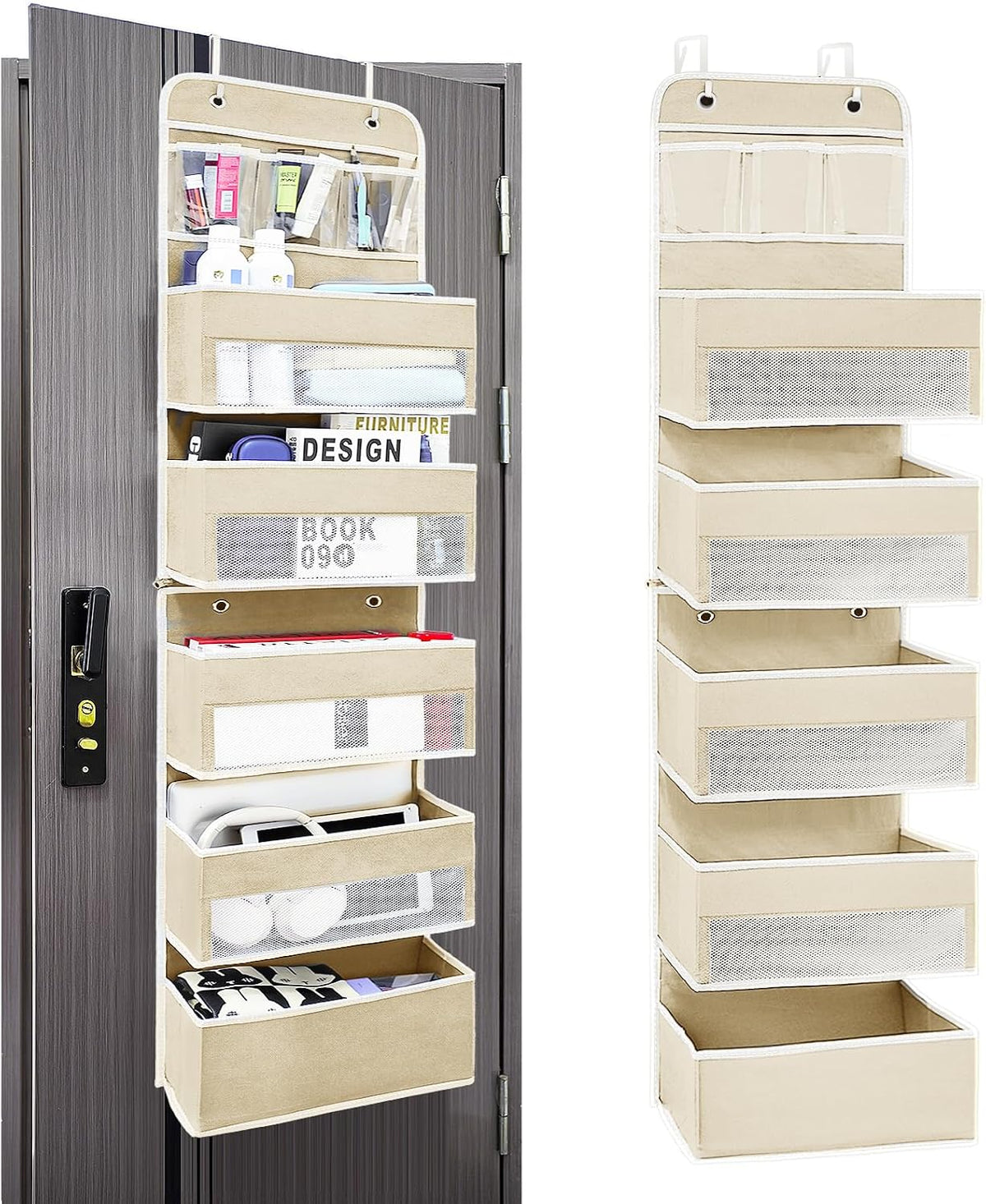 Space Saving Over The Door Organizer,5 Shelves & 8 Side Pockets,Anti Tilt Hanging Behind Door Storage,Heavy-Duty Reinforced Mesh Rack Holds 44lb for Bathroom,Pantry, Nursery,Closet, Shoes, Towels