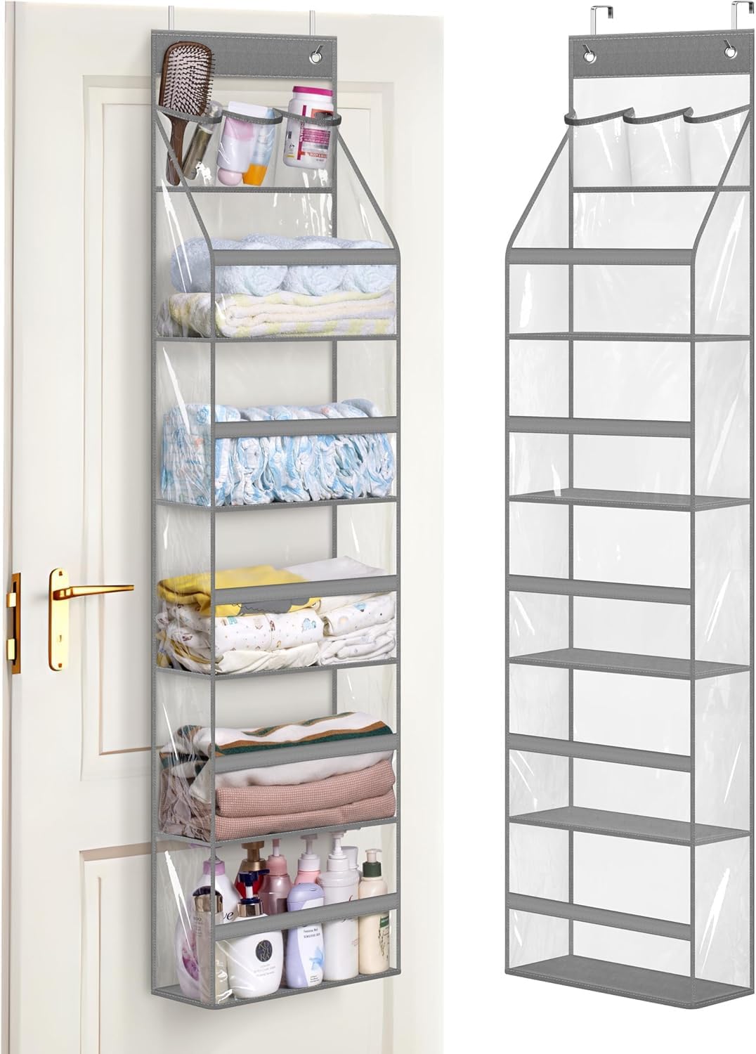 Full Clear PVC Over The Door Organizer Hanging Closet Storage with 5 Large Pockets and 3 Top Plastic Pouches for Pantry, Bathroom, Bedroom to Store Clothes, Diapers