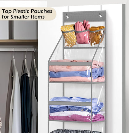 Full Clear PVC Over The Door Organizer Hanging Closet Storage with 5 Large Pockets and 3 Top Plastic Pouches for Pantry, Bathroom, Bedroom to Store Clothes, Diapers