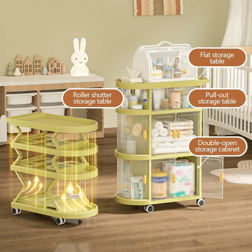 Baby Caddy Organizer with Wheels, Rolling Diaper Cart for Baby Essentials, Kids Bookshelf and Toy Organizer, Height 35in/89cm (Green)