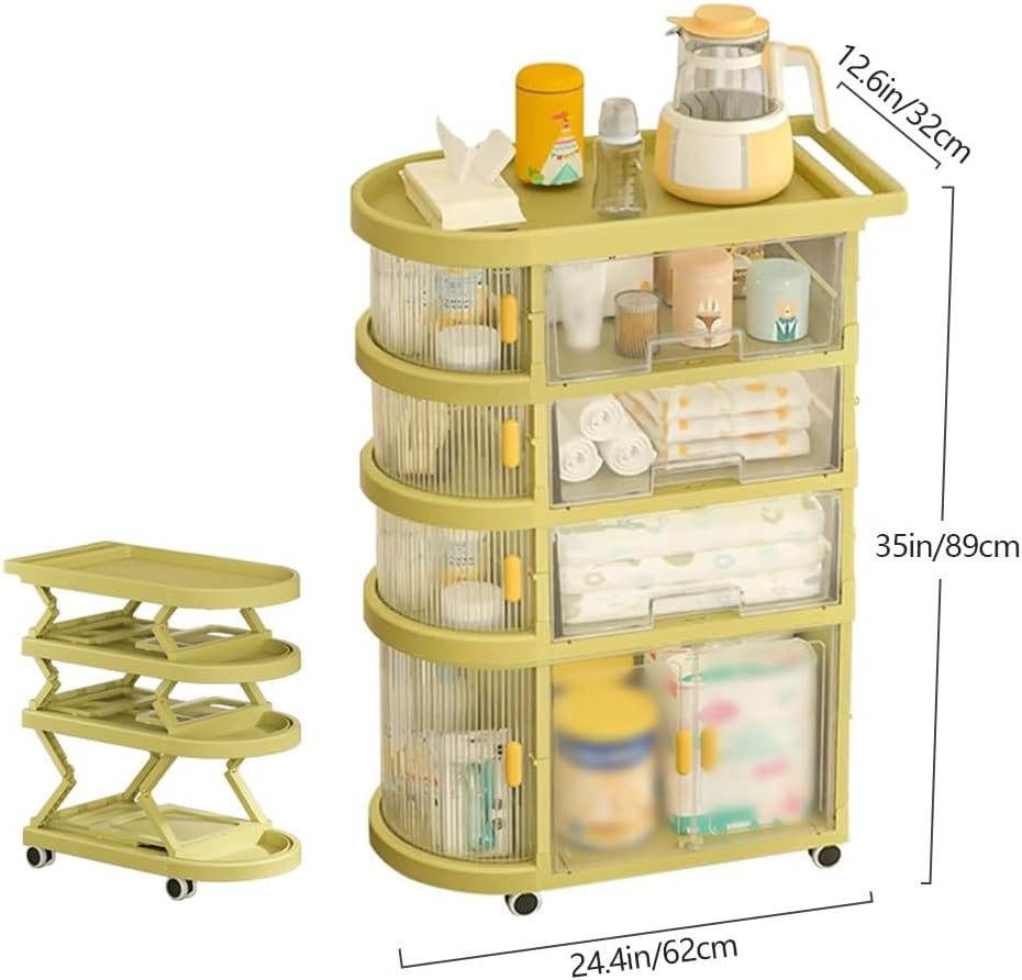 Baby Caddy Organizer with Wheels, Rolling Diaper Cart for Baby Essentials, Kids Bookshelf and Toy Organizer, Height 35in/89cm (Green)
